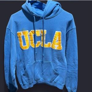 Blue and Yellow Hooded Sweater with Bold Lettering